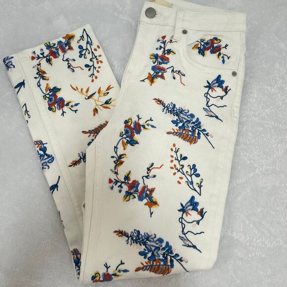 Maje Denim - Maje Embroidered Floral Straight Leg Denim Jeans White Blue Size 36 Boho Retro